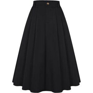 Women Pleated Skirt with Pockets A Line Black